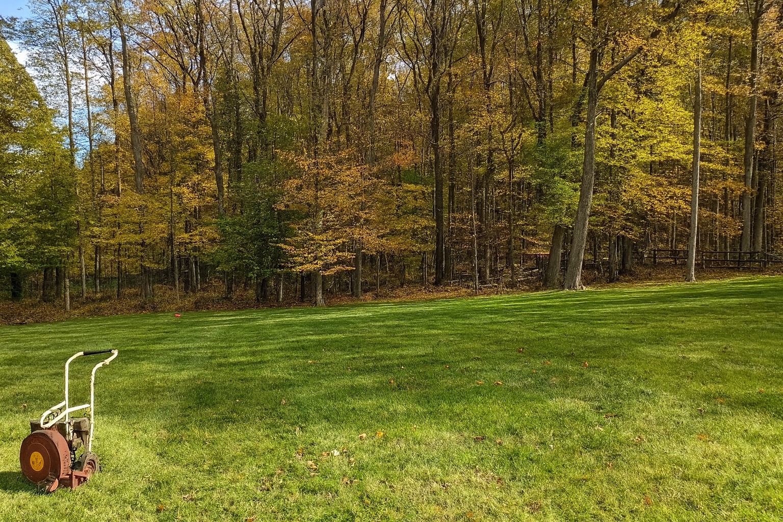 Pristine lawn with fall foliage and professional lawn equipment
