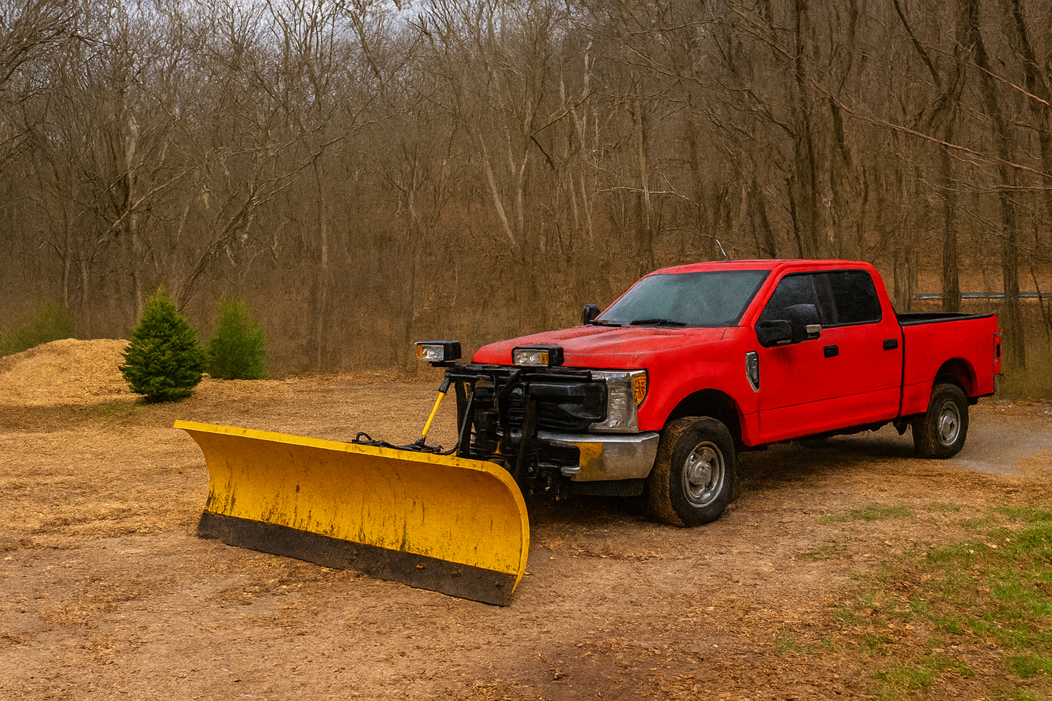 Red pickup truck with yellow snow plow attachment for residential snow plowing services