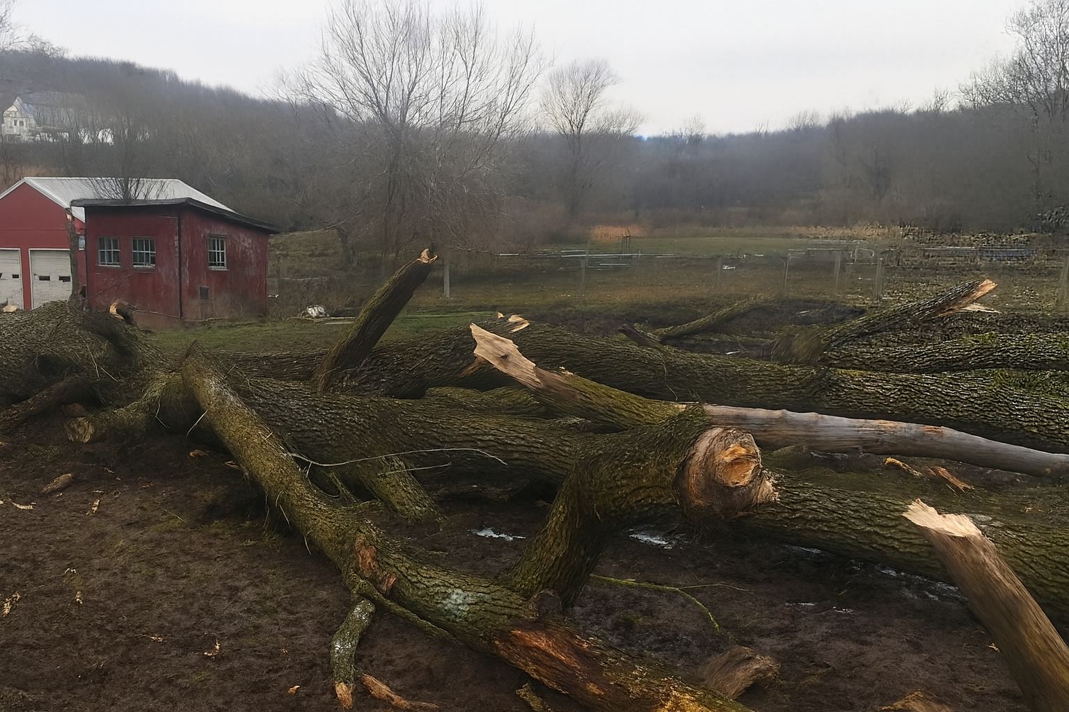 Large tree removal project showing multiple cut tree trunks and logs